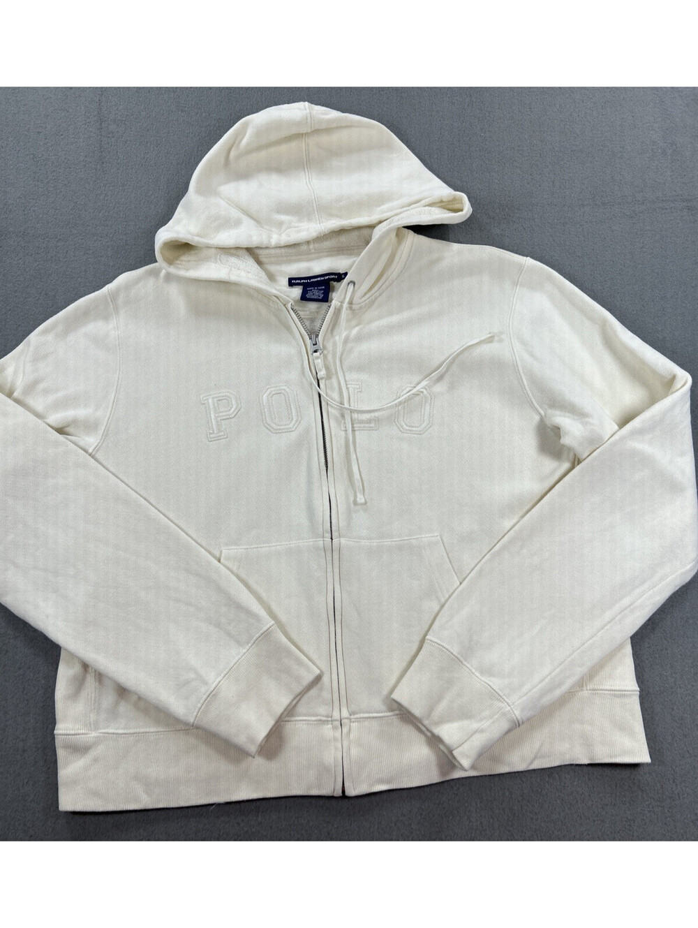 Vintage Ralph Lauren Sport Sz XL Spell-out Logo Cream Polo Full Zip Hoodie
